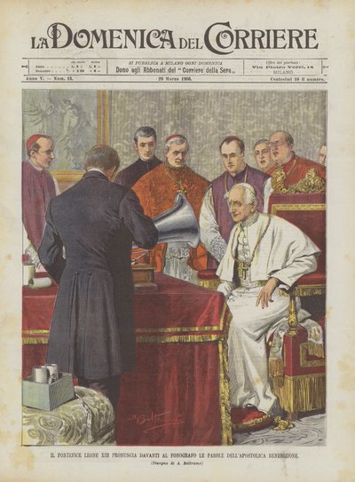 Pave Leo XIII udtaler ordene om den apostoliske velsignelse foran fonografen af Achille Beltrame