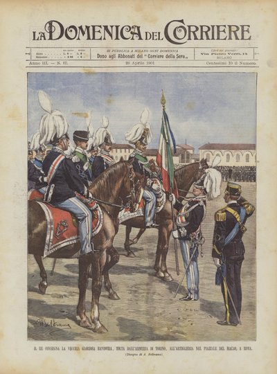 Kongen leverer det gamle glorværdige flag, fjernet fra våbenhuset i Torino, til artilleriet i? af Achille Beltrame