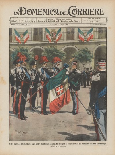 Kongen hænger medaljen for militær tapperhed op på flaget for Carabinieri-kadetterne i Rom i forbindelse med den ? af Achille Beltrame