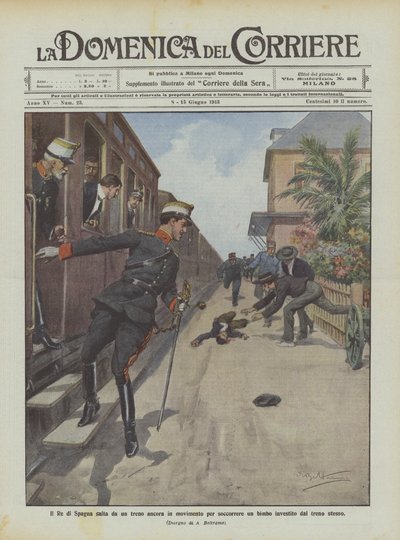 Spaniens konge hopper ud fra et kørende tog for at redde et barn, der blev ramt af toget af Achille Beltrame