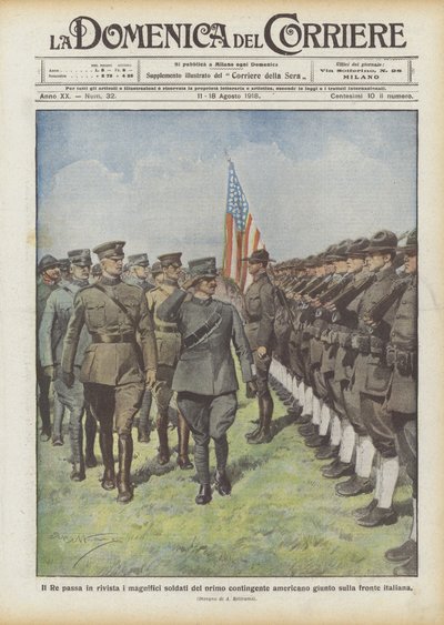 Kongen gennemgår de storslåede soldater fra det første amerikanske kontingent, der ankom til den italienske front af Achille Beltrame