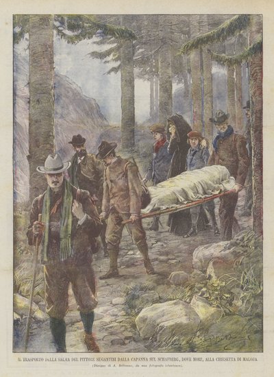 Transport af liget af maleren Segantini fra hytten på Schafberg, hvor han døde, til den lille kirke Maloja af Achille Beltrame