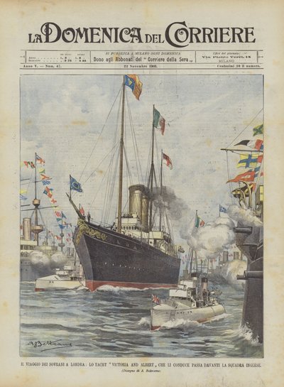 Suverænernes rejse til London, yachten Victoria og Albert, der fører dem, passerer foran det engelske hold af Achille Beltrame