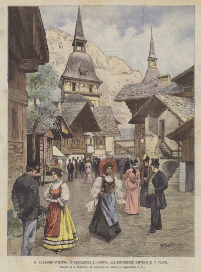Den schweiziske landsby, af papirmache og stubbe, ved den universelle udstilling i Paris af Achille Beltrame