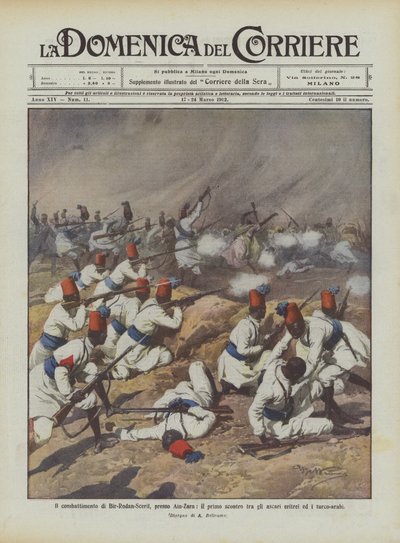 Kampen om Bir-Rodan-Scerif, nær Ain-Zara, det første sammenstød mellem den eritreiske askari og tyrkisk-araberne af Achille Beltrame