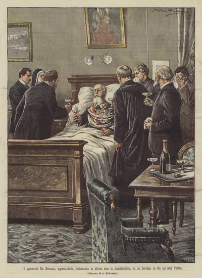 Den døende general De Sonnaz, iført sin uniform og dekorationer, udbringer en skål for kongen og fædrelandet. af Achille Beltrame
