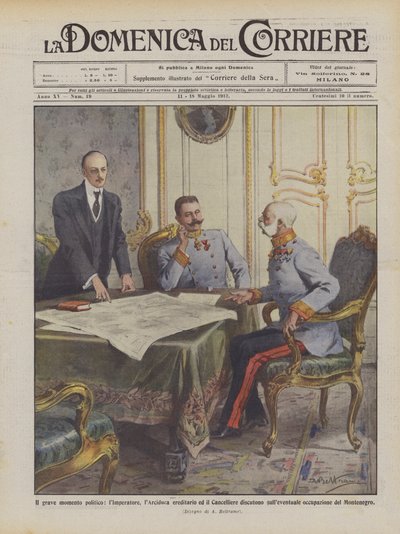 Det alvorlige politiske øjeblik, kejseren, den arvelige ærkehertug og kansleren diskuterer ? af Achille Beltrame