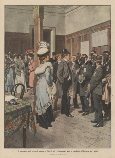 Det hvide slavemarked i New York, arbejdsløse som sælger sig selv på auktion for sult (farve litho) af Achille Beltrame