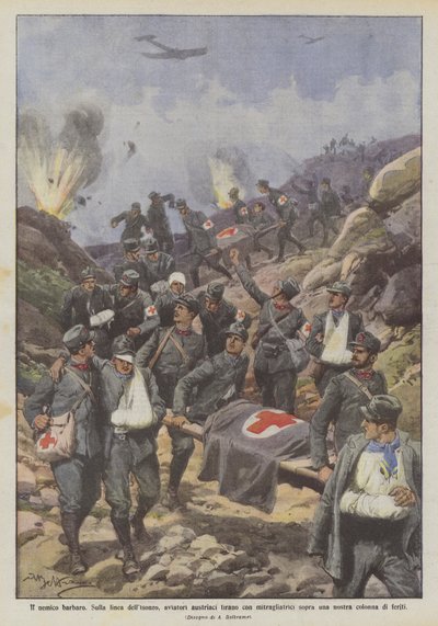Den barbariske fjende På Isonzo-linjen skyder østrigske flyvere med maskingevær mod en? af Achille Beltrame