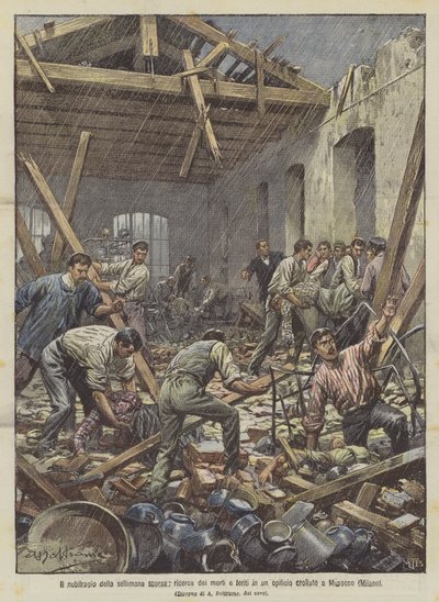 Sidste uges skybrud, eftersøgning af døde og sårede i en sammenstyrtet fabrik i Musocco (Milano) af Achille Beltrame