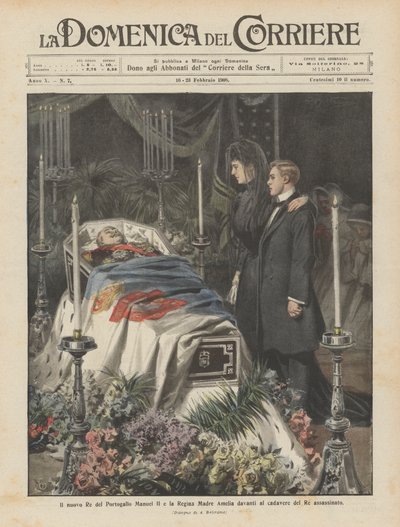 Portugals nye kong Manuel II og dronningemoder Amelia foran den myrdede konges lig af Achille Beltrame