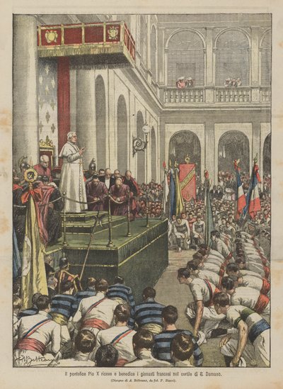 Pave Pius X modtager og velsigner franske gymnaster i gården i Sankt Damasus