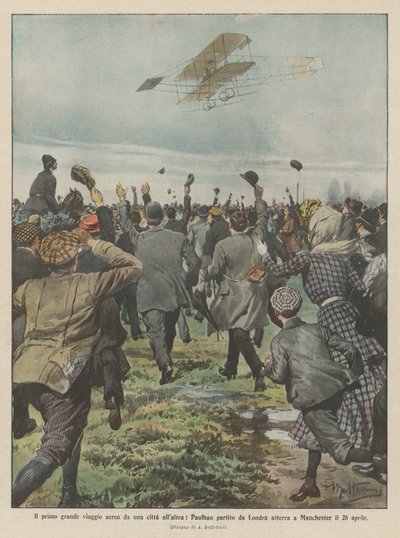 Paulhan var den første store flyrejse fra en by til en anden, da han forlod London og landede i Manchester den 28. april. af Achille Beltrame