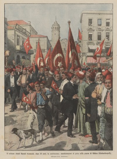 Efter 32 år overgiver sultan Abdul Hamid forfatningen, glædesdemonstrationer i ? af Achille Beltrame