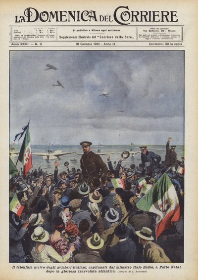 Den triumferende ankomst af de italienske flyvere, anført af minister Italo Balbo, til Porto Natal? af Achille Beltrame