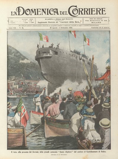 I overværelse af suverænerne søsættes det store slagskib Dante Alighieri fra skibsværftet i Castellammare di Stabia af Achille Beltrame