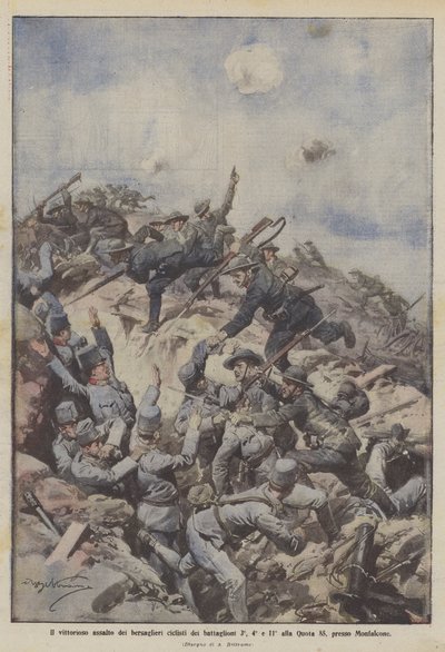 Bersaglieri-cyklisternes sejrrige angreb fra 3., 4. og 11. bataljon ved Quota 85 i nærheden af Monfalcone af Achille Beltrame