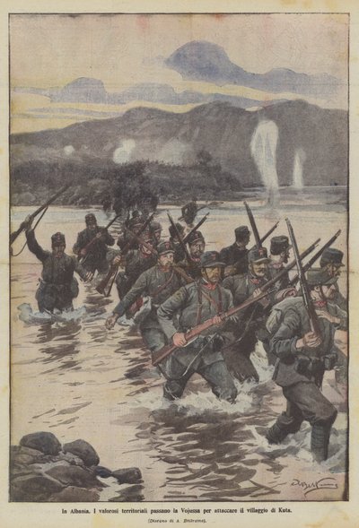 I Albanien passerer de territoriale modige Vojussa for at angribe landsbyen Kuta af Achille Beltrame