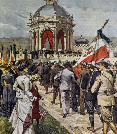 Indvielse af IV-skydekonkurrence ved Farnesina polygon, Rom, Italien, illustration af Achille Beltrame fra La Domenica del Corriere, 25. maj af Achille Beltrame