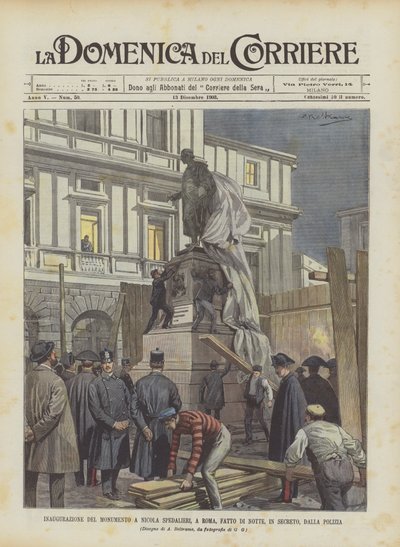 Indvielse af monumentet til Nicola Spedalieri, i Rom, lavet om natten, i hemmelighed, af politiet af Achille Beltrame