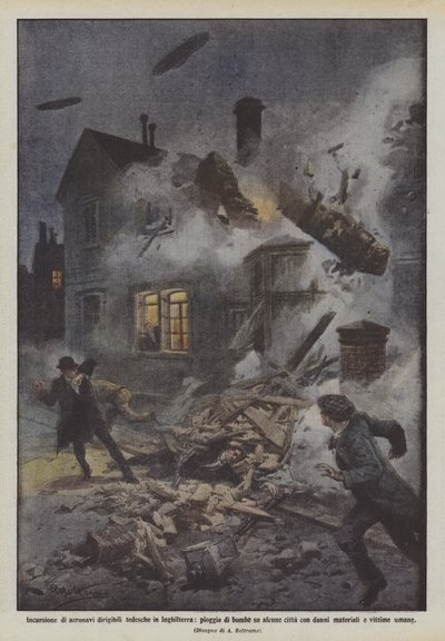 Indtrængen af ​​tyske dirigible luftskibe i England, regn af bomber på nogle byer med? af Achille Beltrame