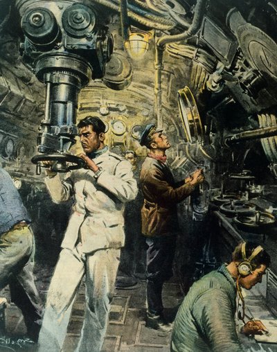 Interiør af ubåd, af Achille Beltrame (1871-1945), illustration fra La Domenica del Corriere, 28. december af Achille Beltrame