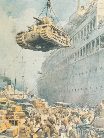 Italiensk konvoj ankommer til sin destination i Libyen, af Achille Beltrame, illustration, Illustrator Achille Beltrame (1871-1945), fra La Domenica del Corriere af Achille Beltrame
