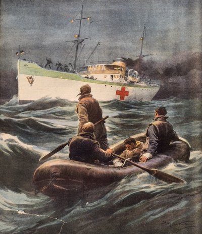 Italiensk hospitalsskib, der redder fire tyske flyvere, der blev skudt ned, af Achille Beltrame (1871-1945), illustration fra La Domenica del Corriere, 23. februar af Achille Beltrame