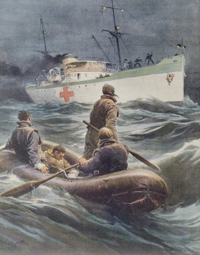 Italiensk hospitalsskib tager sårede om bord af Achille Beltrame, illustration, illustrator Achille Beltrame (1871-1945), fra La Domenica del Corriere, 23. marts 1941 af Achille Beltrame