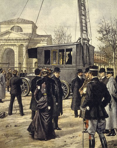 Den italienske fysiker Guglielmo Marconi deltager i eksperimenter med den første mobilradiostation i Milano den 30. december af Achille Beltrame