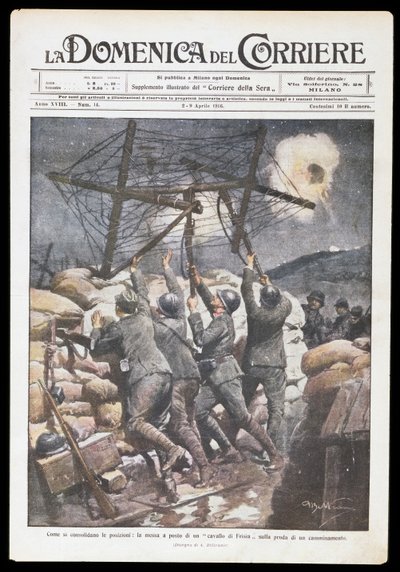Italienske soldater sætter frisisk hest på skyttegrav, tallerken af Achille Beltrame (1871-1945) til Domenica del Corriere, 2-9 april 1916, Første Verdenskrig, Italien, 20. århundrede af Achille Beltrame