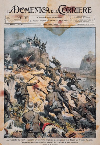 Italienske tropper rykker frem på etiopisk jord, illustration fra La Domenica del Corriere, 20. oktober af Achille Beltrame