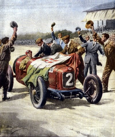 Italiensk sejr ved det 3. Europæiske Motor Grand Prix: Mekanikerne fra Ascari viser det trefarvede flag på bilen. Ill. de Beltrame. "La Domenica del Corriere"". 07/1925. af Achille Beltrame