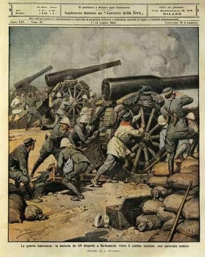 Italiensk-tyrkisk krig, batteriild fra kanon nr. 149, der dirigerer en fjendtlig karavane ved Bu-Kamek mod den tunesiske grænse, illustrator Achille Beltrame (1871-1945), fra La Domenica del Corriere, 7. juli 1912 af Achille Beltrame