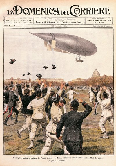 Italien, Milano, luftskibsflyvning styret af Crocco og Ricaldoni i Rom den 31. oktober af Achille Beltrame