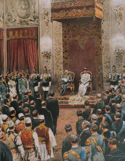 Konge af Italien, Vittorio Emanuele III af Savoyen, bliver kronet til konge af albanerne, af Achille Beltrame, illustration, illustrator Achille Beltrame (1871-1945), fra La Domenica del Corriere af Achille Beltrame