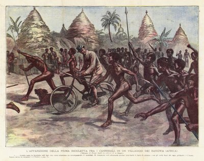 Åbenbaringen af ​​den første cykel blandt kannibaler, i en Bangwa-landsby (Afrika) af Achille Beltrame