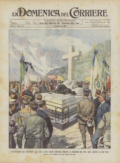 Indvielsen af ​​monumentet over bjergguiden Ollier Hvem forsvandt under hertugens ekspedition? af Achille Beltrame