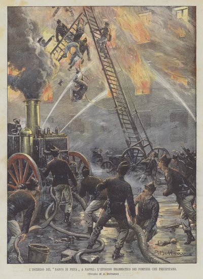 The Fire Of The Banco Di Pieta i Napoli, den dramatiske episode af The Rushing Firefighters af Achille Beltrame