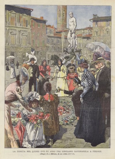 La Fiorita på det sted, hvor Fra Girolamo Savonarola blev brændt i Firenze af Achille Beltrame
