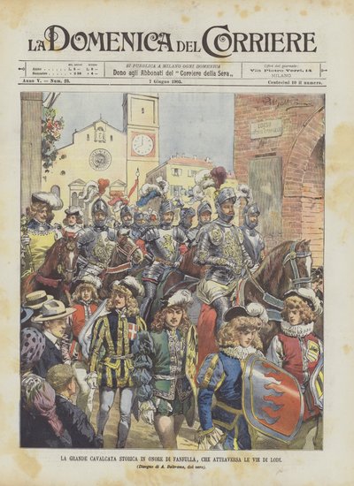 Den store historiske kavalkade til ære for Fanfulla, som krydser Lodis gader af Achille Beltrame