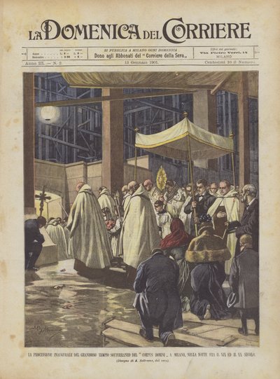 Den indledende procession af det store underjordiske tempel Corpus Domini i Milano? af Achille Beltrame