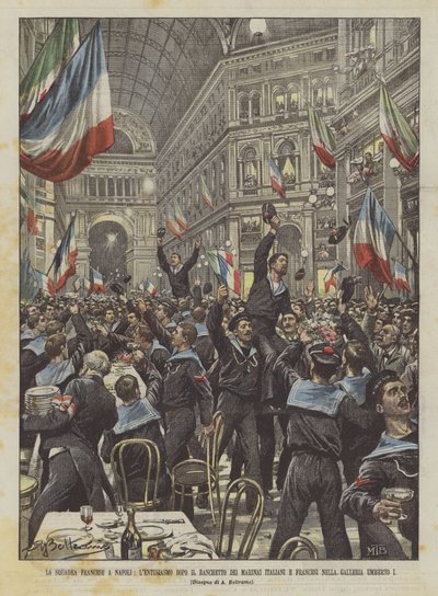 Det franske hold i Napoli, begejstringen efter banketten hos de italienske og franske sømænd i? af Achille Beltrame