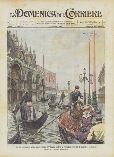 Sidste uges ekstraordinære højvande i Venedig, gondoler og både i S Marco af Achille Beltrame