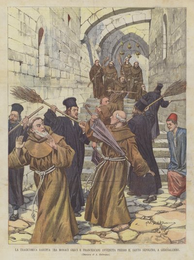Den tragikomiske baruffa mellem græske og franciskanermunke fandt sted ved den hellige grav i Jerusalem af Achille Beltrame