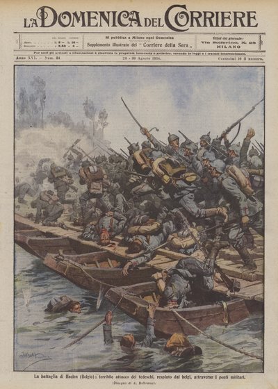 Slaget ved Haelen (Belgien), forfærdeligt angreb fra tyskerne, frastødt af belgierne, gennem militære broer af Achille Beltrame