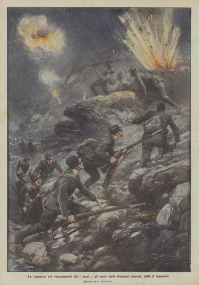 Erobringen af ​​raketternes forskansning rykker de heroiske sardiner frem på alle fire under stormen af Achille Beltrame