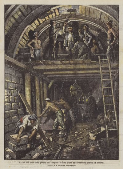 Afslutningen af arbejdet i Simplontunnelen, den sidste sten i den indre foring (18. oktober) af Achille Beltrame