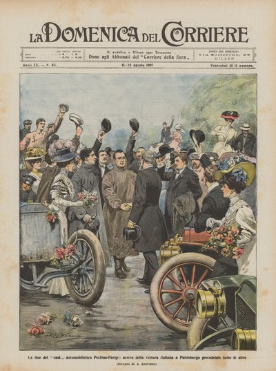 Afslutningen af motorløbet fra Peking til Paris, den italienske bils ankomst til Sankt Petersborg? af Achille Beltrame