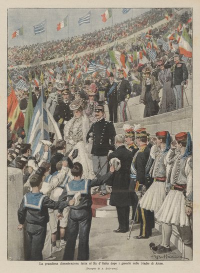 Den storslåede demonstration til kongen af Italien efter legene på Athen Stadion af Achille Beltrame